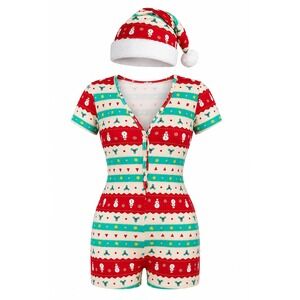 NWT Snowman Print Hooded Romper Red Green Sz L Em & Alfie
